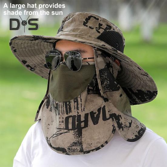 Men Fisherman Hat with Front Cover Large Brim Hollow Mesh Camouflage Print Anti-UV Sunlight Protection Quick Dry Great Breathability Outdoor Fishing