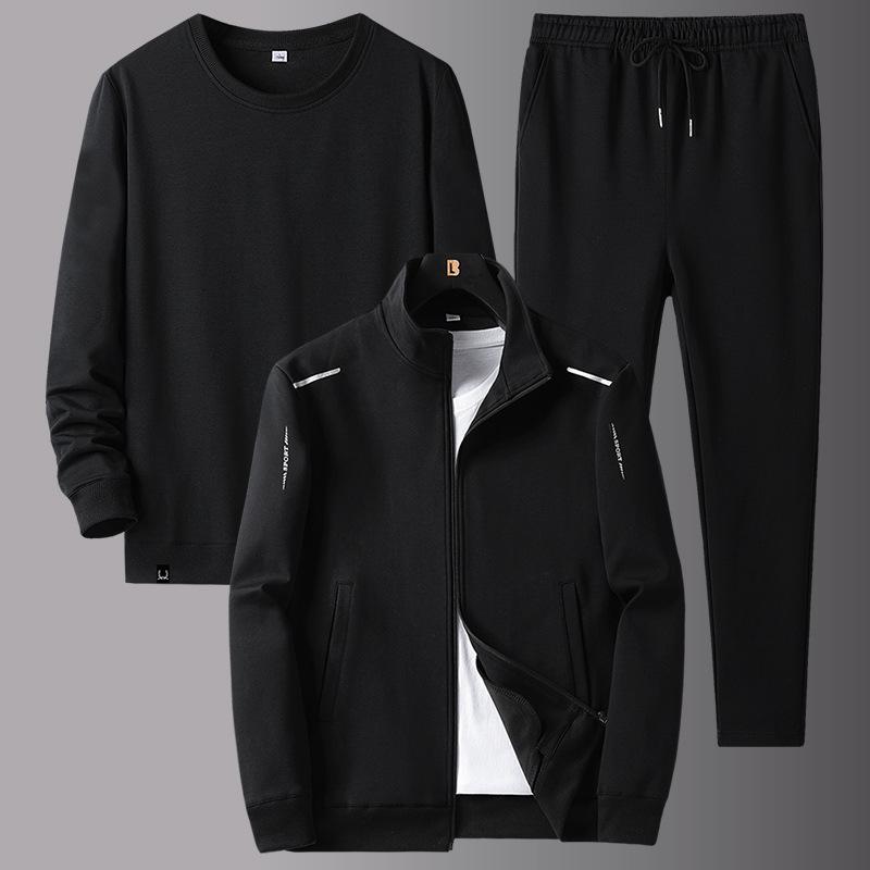 Men's Spring and Autumn Casual Suit Bottom Shirt + Hooded Sweater + Solid Color Pants Three-piece Set