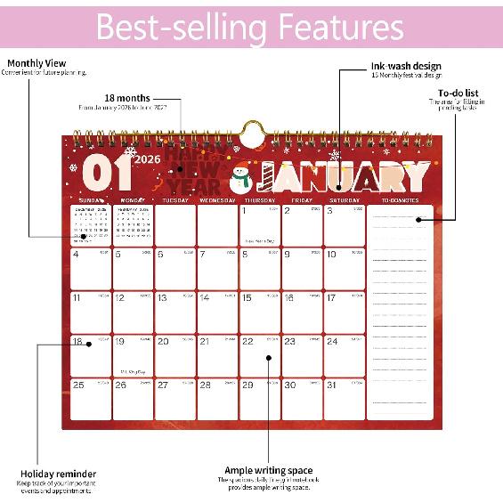 2026-2027 Wall Calendar, Calendar 2026-2027, 18 Monthly Wall Calendar from January 2026 to June 2027, 11 x 8.5 Inches Thick Paper, Large Ruled Blocks