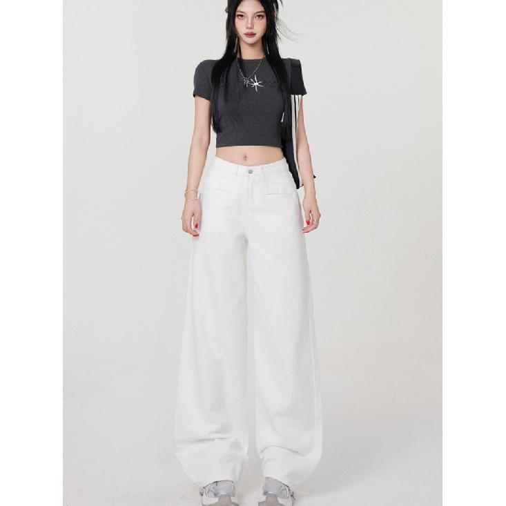 Jeans de Pierna Recta de Cintura Alta para Mujer Pantalones Vaqueros Elásticos de Corte Holgado para Dama Pantalones Blancos Femeninos