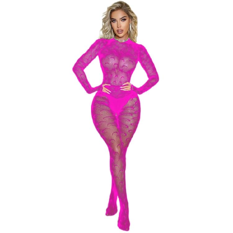 Women's Long Sleeve Moon Fishnet Bodysuits Jumpsuit See Through Mesh Bodystocking Lingerie Underwear Erotic Nightwear