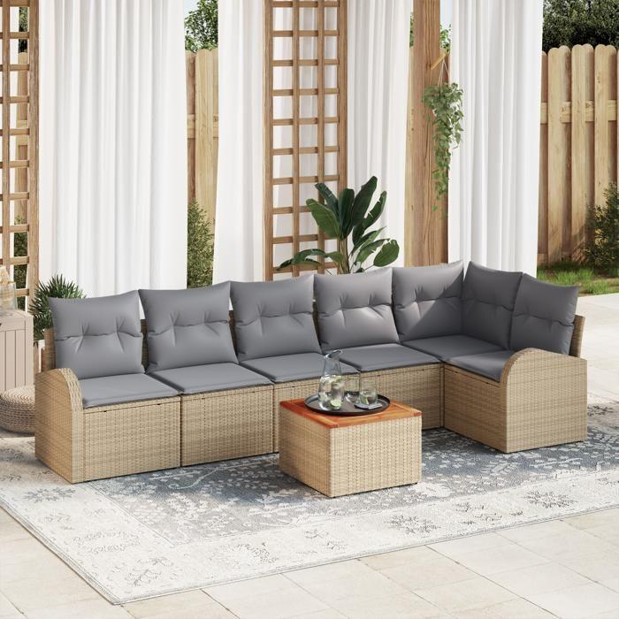 VidaXL Ensemble de Canapé de Jardin 7 Pièces avec Coussins Beige Poly Rattan Acacia 3347588