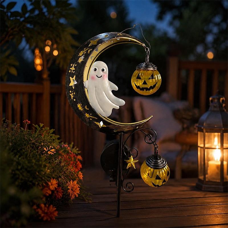 Solar Halloween Garden Stake Light Black Cat Moon Pumpkin LED Outdoor Yard Lawn Pathway Decorative Metal Art Spooky Party Decor