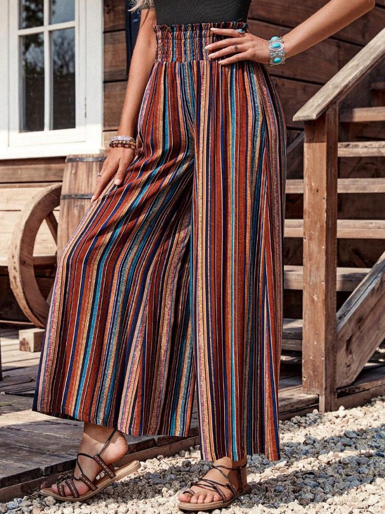 Kız Çocuk Etnik Tarz Çizgili Baskılı Günlük Düz Bacak Pantolon