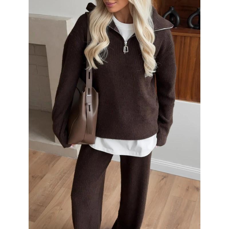 Womens Oversized Knit Set Soft Faux Fur Texture Solid Color Half-Zip Sweater Straight Leg Pants Winter Outfit