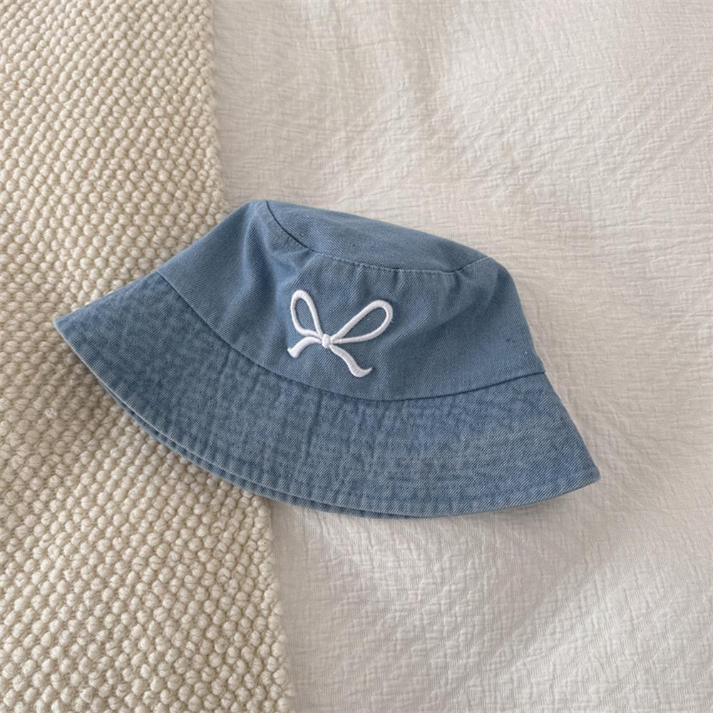 Summer Embroidery Bow Washed Denim Bucket Hat For Women Panama Hats Outdoor Fisherman Hat Beachside Sunscreen Visor Cap