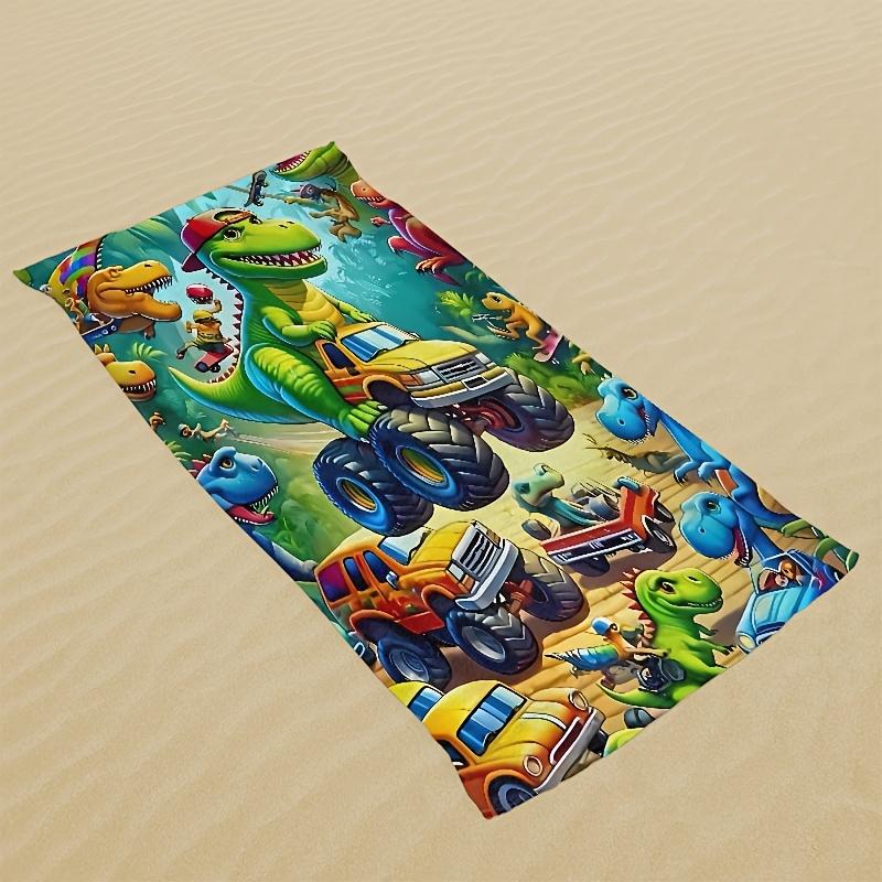 A Delightful Microfiber Beach Towel Featuring Playful Dinosaurs And Cool Cars! Bursting with Vibrant Colors And Lively Scenes