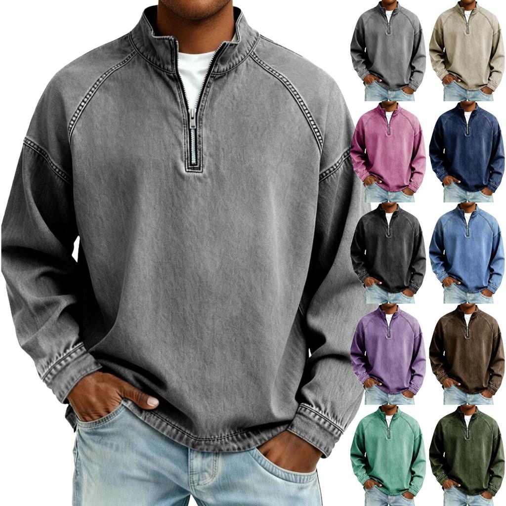 Herren Vintage Stehkragen Reißverschluss Pullover Langarm Lässiges Oberteil