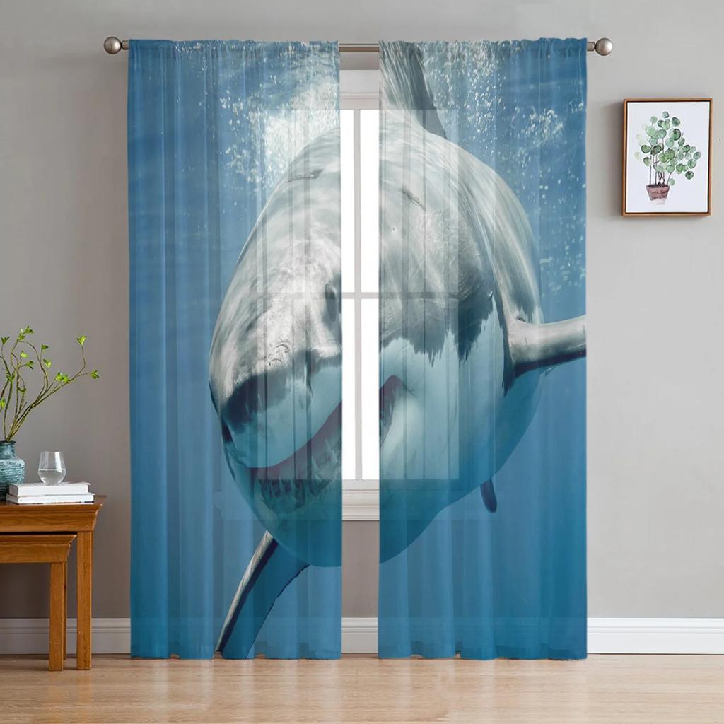 Sea Shark Tulle Curtains for Living Room Printed Sheer Voile Curtain for Bedroom Window Screening Drapes Blinds Home Decor