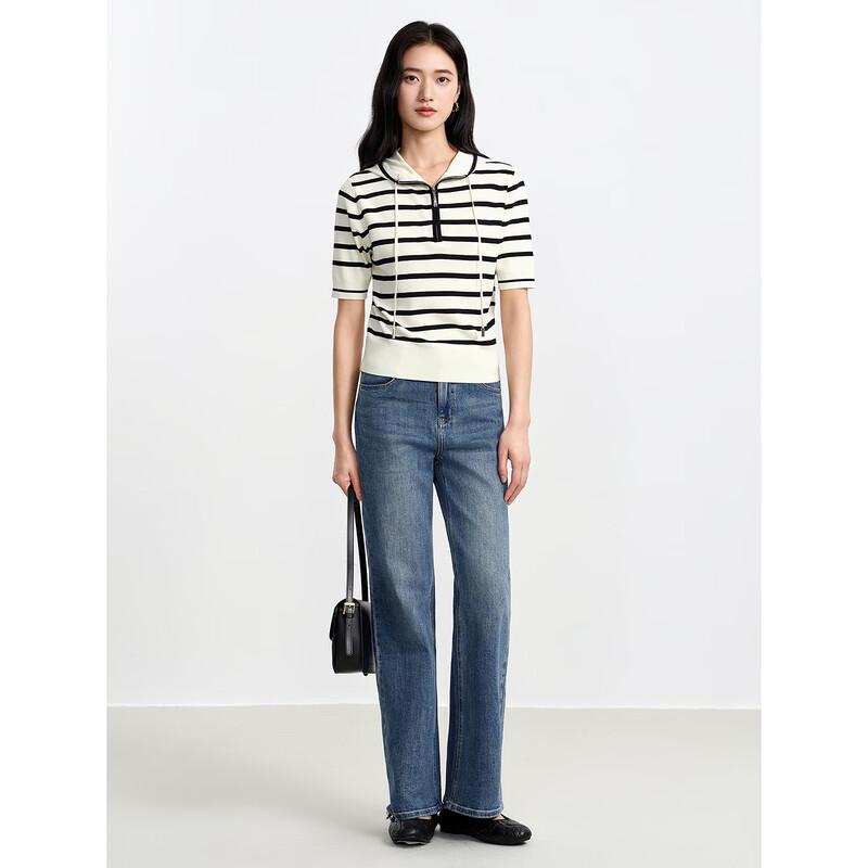 JUZUI Women's 2026 Spring Striped Hooded Half-Zip Knit Shirt