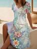 Women's Floral Print V-Neck Short Sleeve Dress,Black Background with Multicolor Flowers,Casual Beach Dress