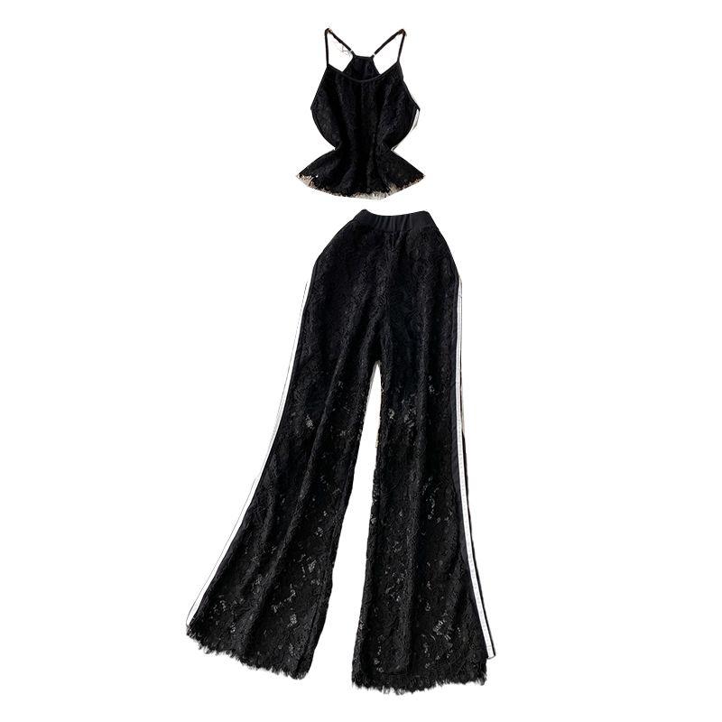 Pure Desire Style Sexy Lace Short Hanging Neck Sling + Contrast Color Stripe Gyaru High Waist Slimming Wide Leg Pants Two-piece Set