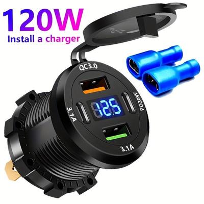 Prise Chargeur USB de Voiture à Charge Rapide PD+QC3.0 avec Voltmètre, Sortie d'Alimentation Étanche en Alliage d'Aluminium