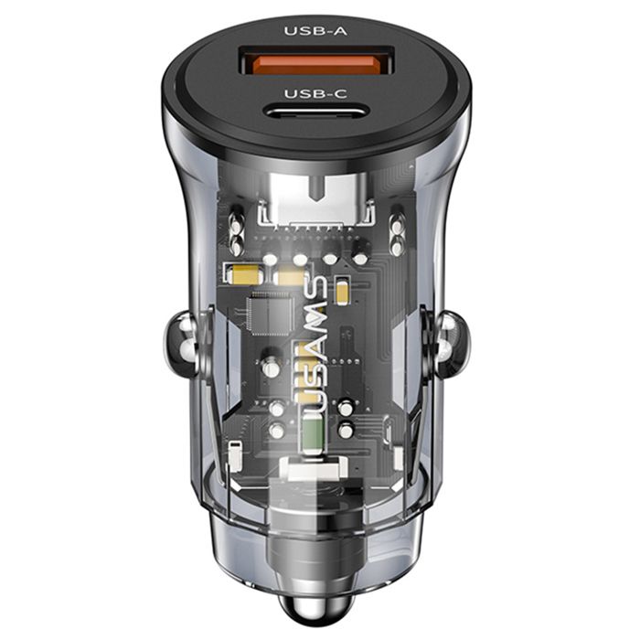 Chargeur De Voiture Type-C PD30W, USB 18W - Usams C32 Transparent A+C (US-CC164) - Noir