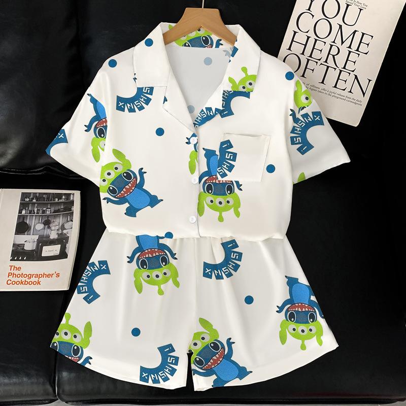 Stitch Cartoon Ice Silk Pajamas Women'S Summer Short-Sleeved Cute Loungewear Two-Piece Set