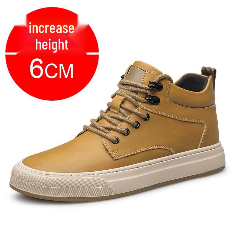 Men's Autumn Invisible Height-Boost 8cm Breathable Cowhide 6-Hole Mid-Top Shoes, British Style Sports Casual Board Sneakers