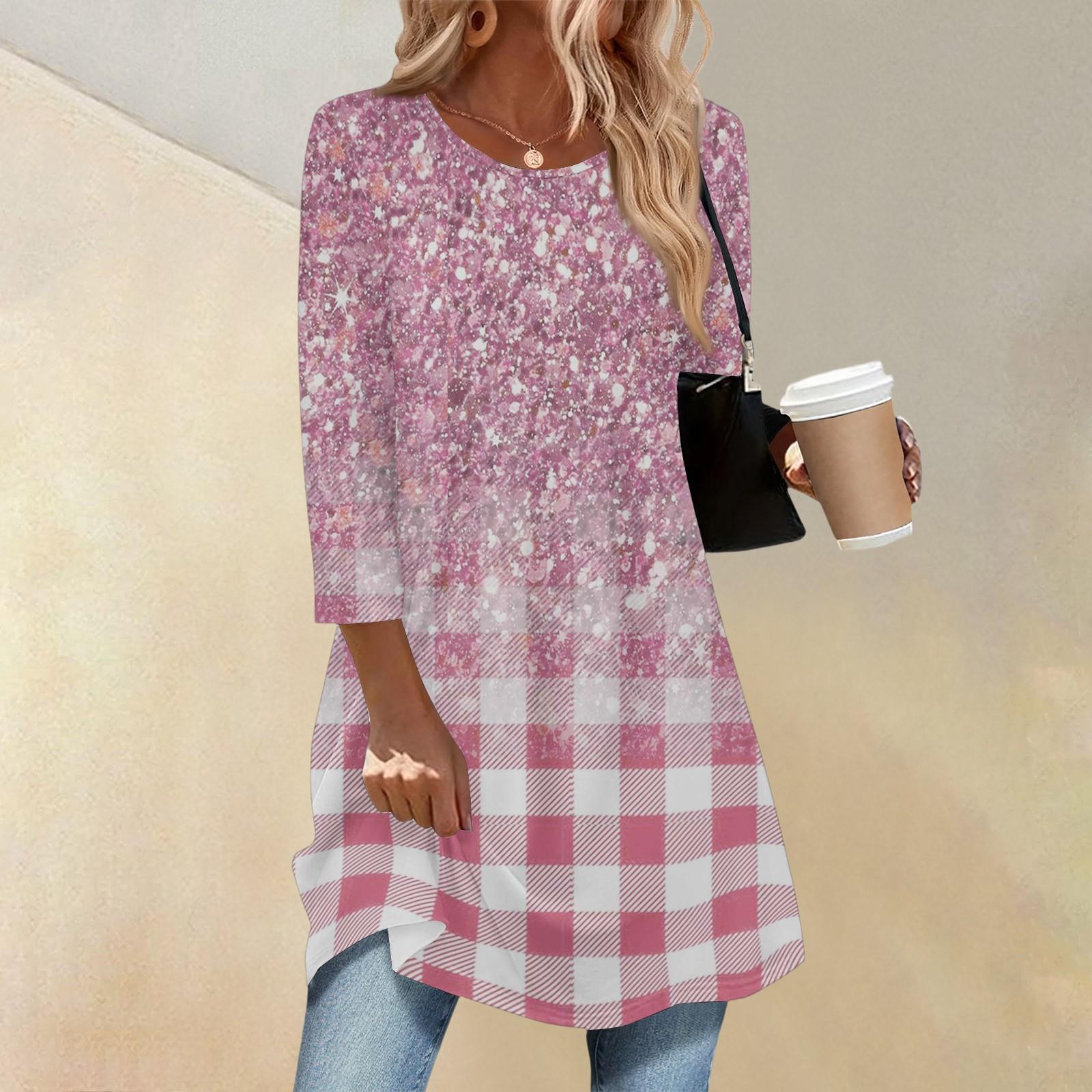 

Женская мода повседневный топ с рукавом три четверти, длинный, с геометрическим принтом в полоску, круглым вырезом M розовый