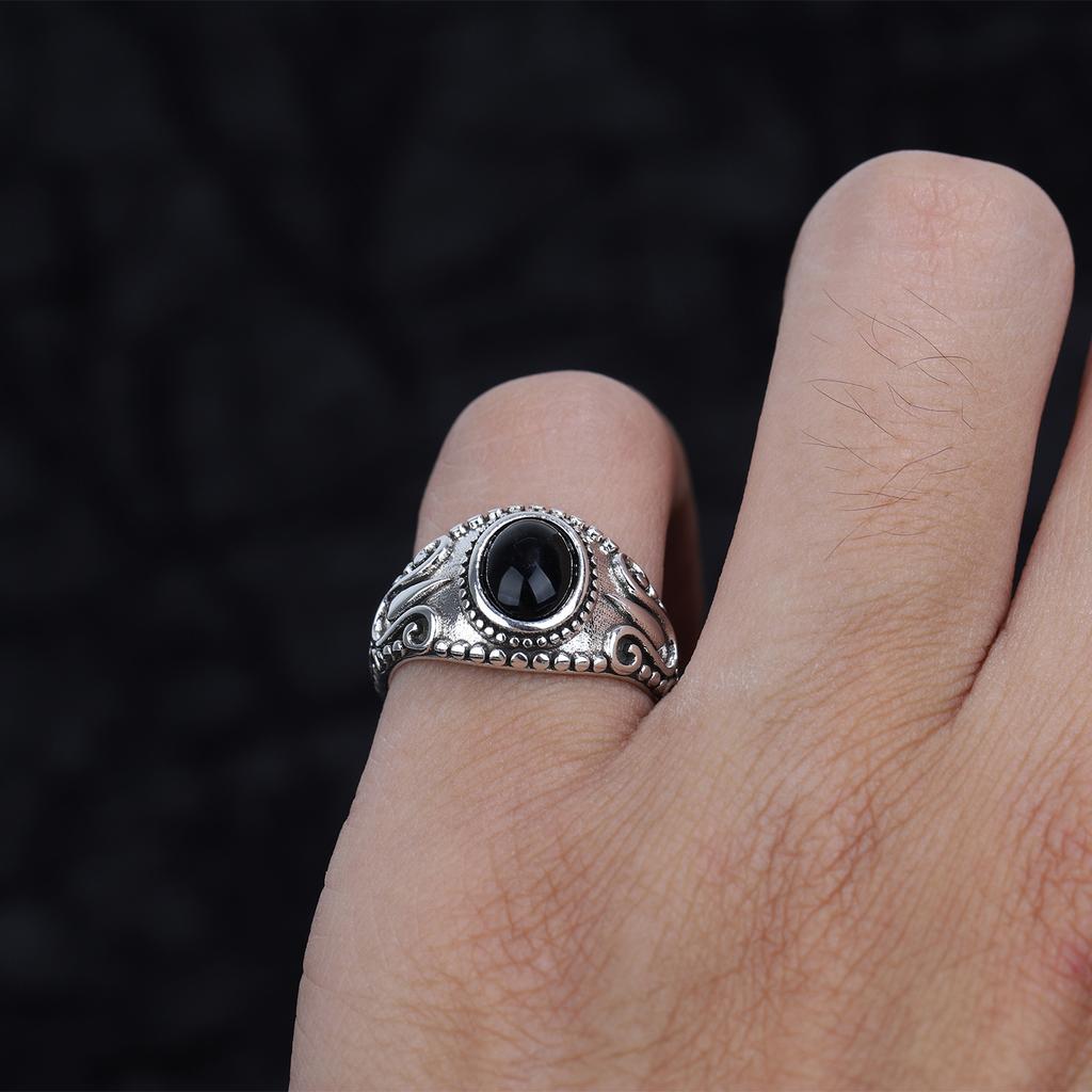Retro Medieval Pattern Black Onyx Ring For Women Silver-plated Copper Punk Gothic Edgy Pinkie Ring Accessories Cool Gift