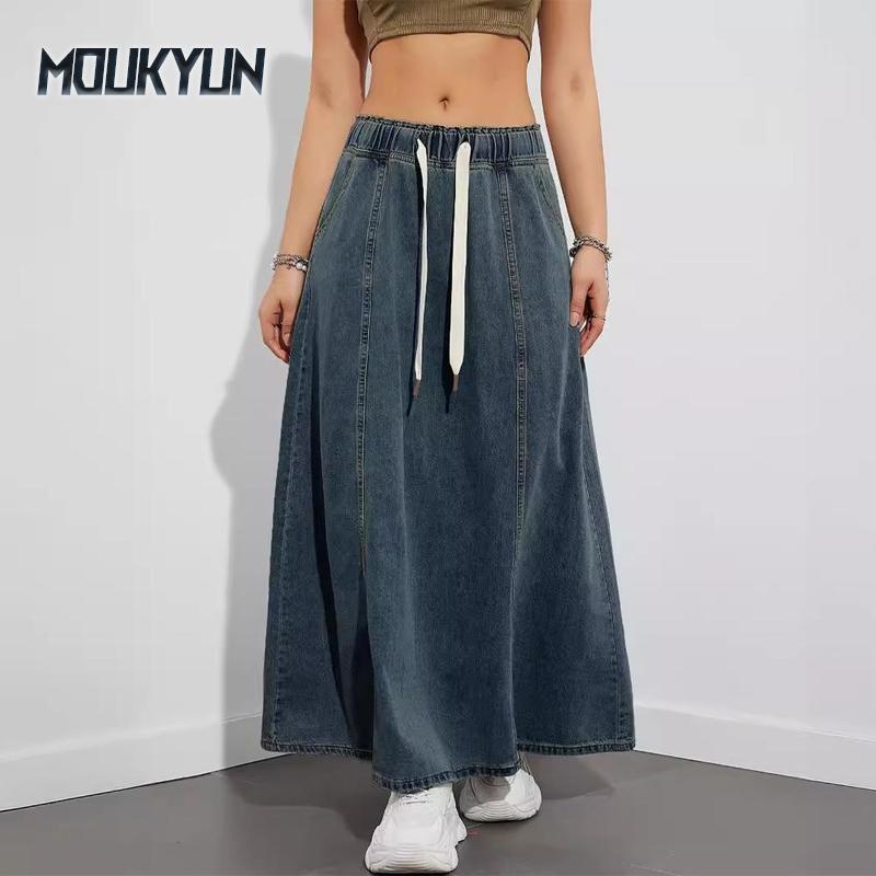 Fuste Swing din Denim cu Talie Elastică Femei Fustă Lungă Casual cu Design American