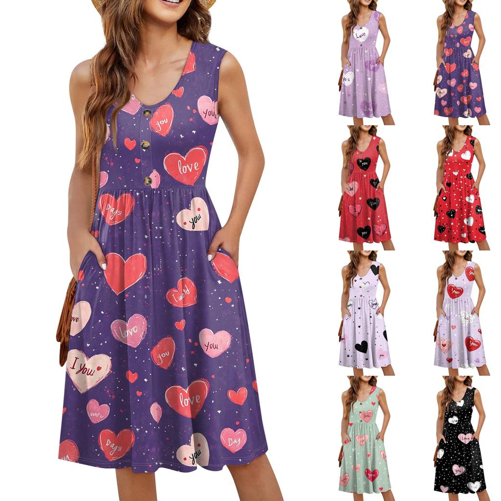 Women's Casual Fashion Sexy V-Neck Button Decoration Sleeveless Valentine's Day Tunic Dress