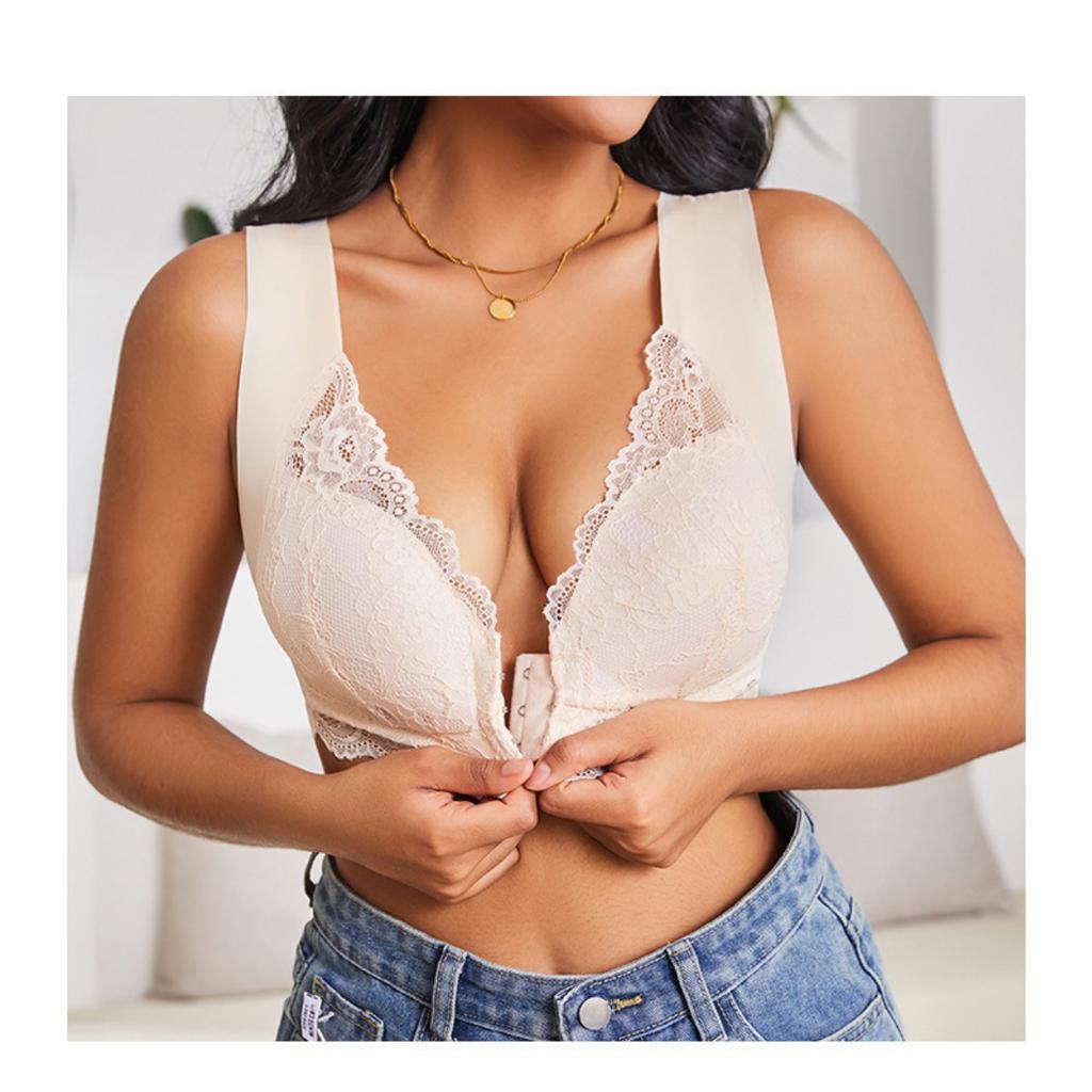 Large Front Buckle Gathers Bra, Fixed Cup Lifting, Top Brace, Lace Vest Style Bra