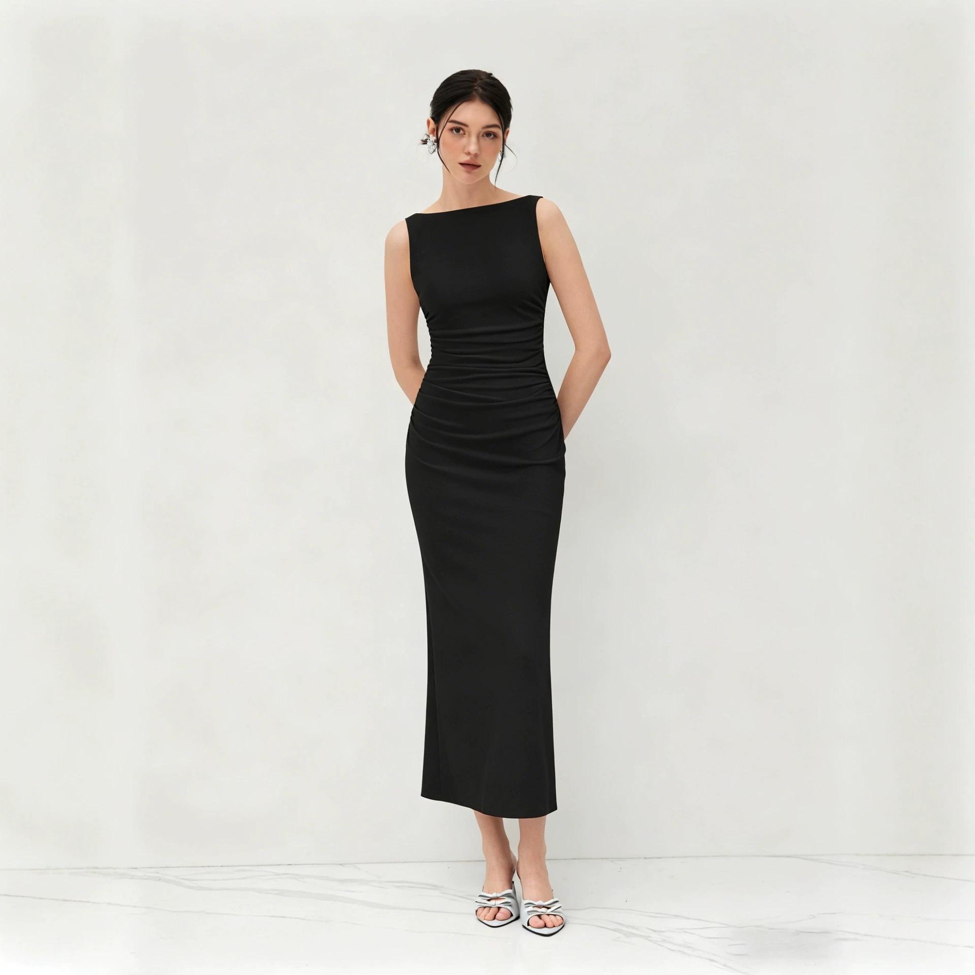 

Women s Boat Neck Sleeveless Slim Fit Midi Dress Elegant Waist Ruched Split Bodycon Gown 2XL чёрный