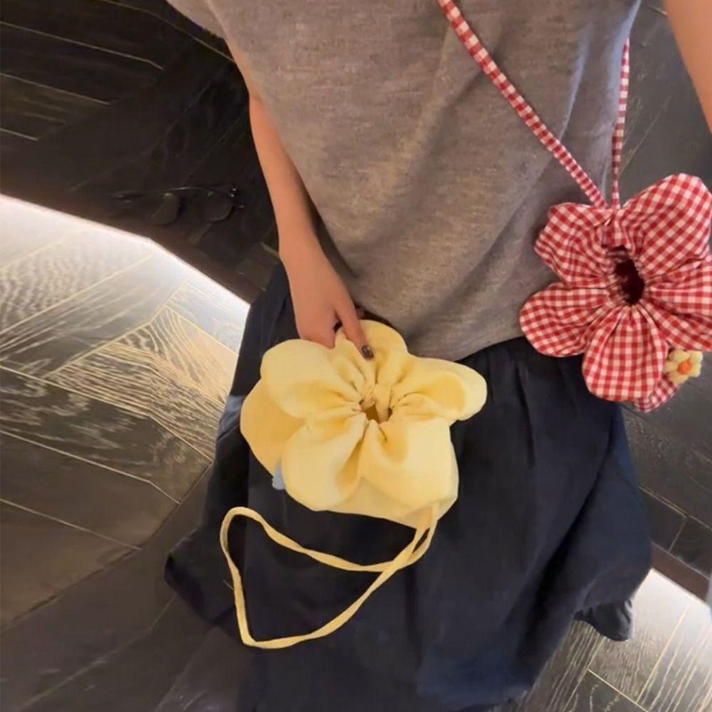 Printing Flower Handbag Korean Style Small Crossbody Bag Lightweight Plaid Drawstring Bag  Women