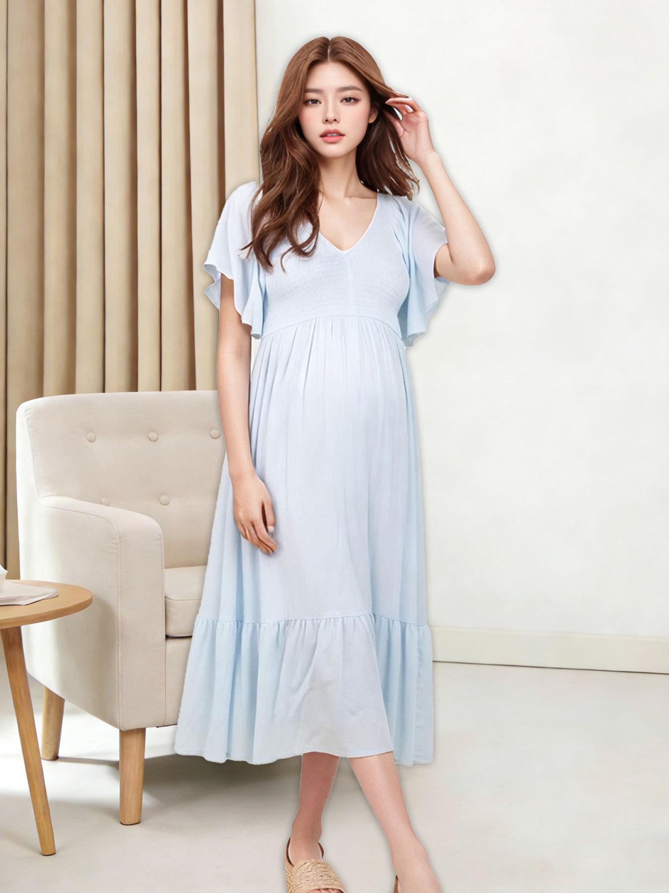 

Ladies V-Neck Flutter Sleeve Cinched Waist Maternity Midi Dress - Comfortable for Spring & Summer Daily Wear Medium светло-синий