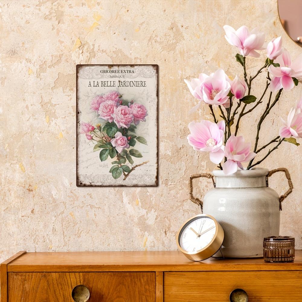 Vintage Rose Metal Tin Sign, Retro Wall Art for Home & Garden Decor, Rustic Pink Roses Design with Green Leaves and Butterflies