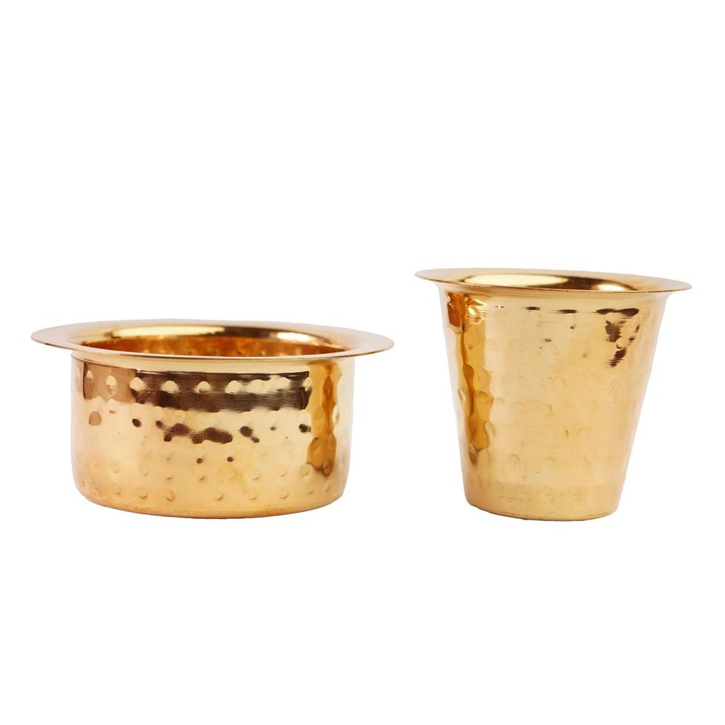 Indian Brass Coffee Cup Dawara/Dabara & Tumbler for Serving Filter Coffee/Tea/Traditional kumbakonam Brass Dabara - | Hammered Matt - 150ml (Set of 3)
