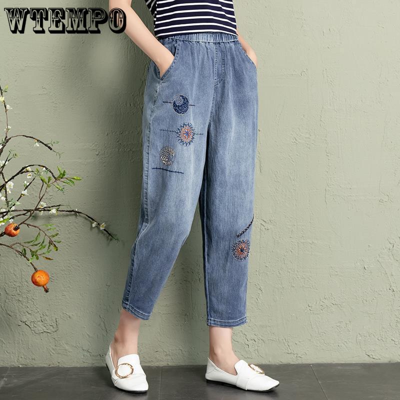 Women's Jeans Summer New Ethnic Wind Embroidered High Waist Thin Harlem Jeans Thin Retro Loose Large Yards Nine-quarter Pants