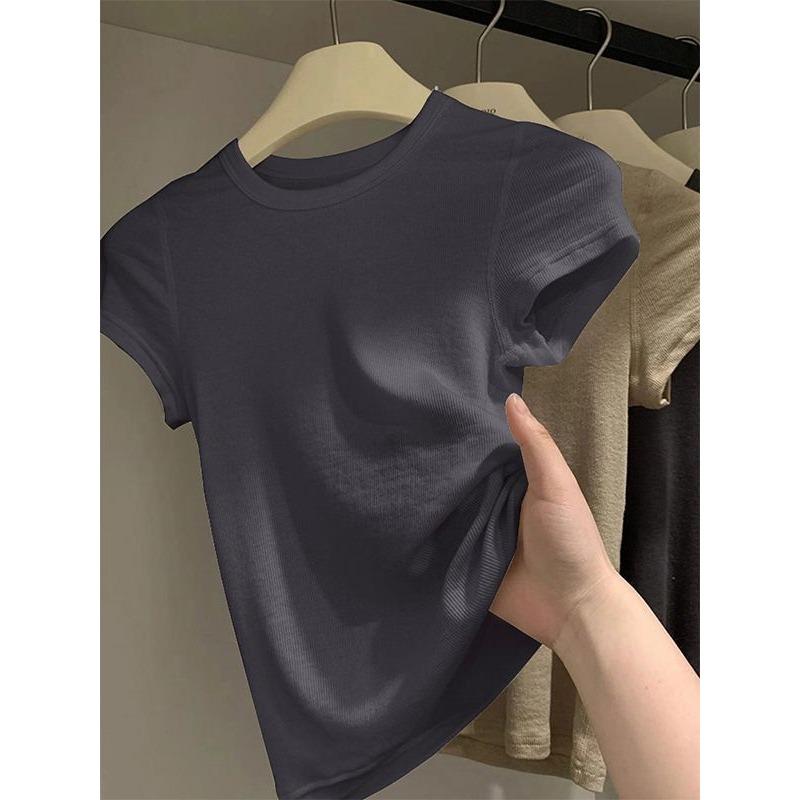 Unique Summer Short Sleeve Cotton T Shirt Women Slim Fit Solid Color Cropped Top Stylish Design