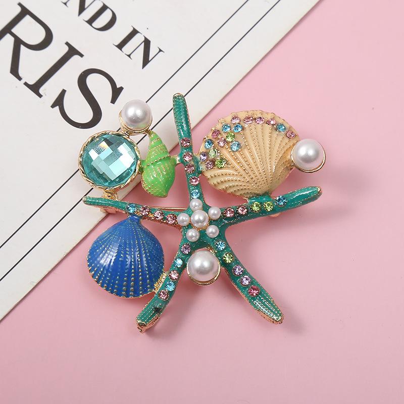Korean Marine Life Brooch: Starfish & Shell Pin with Metal, Diamond, & Pearl Accents