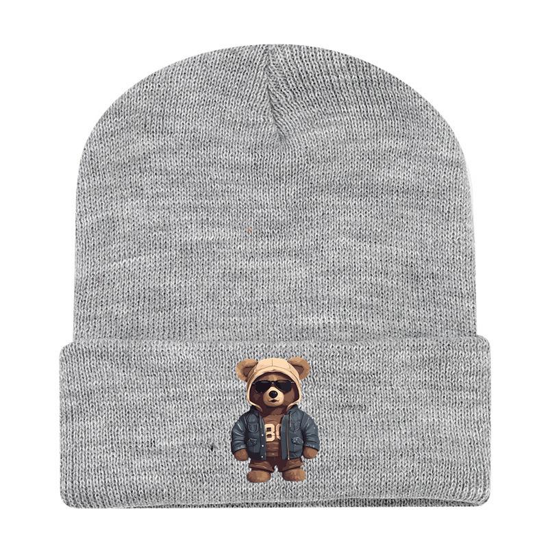 European and American New Autumn and Winter Hats, Women's Bear Printed Knitted Hats, Sleeves, Outdoor Warm Wool Hats, Men