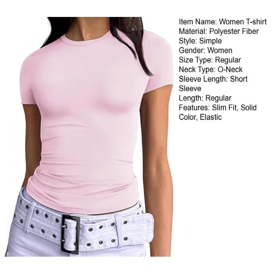 Women T-shirt Round Neck Short Sleeve Solid Color Tee Shirt Slim Fit Summer Pullover Tops