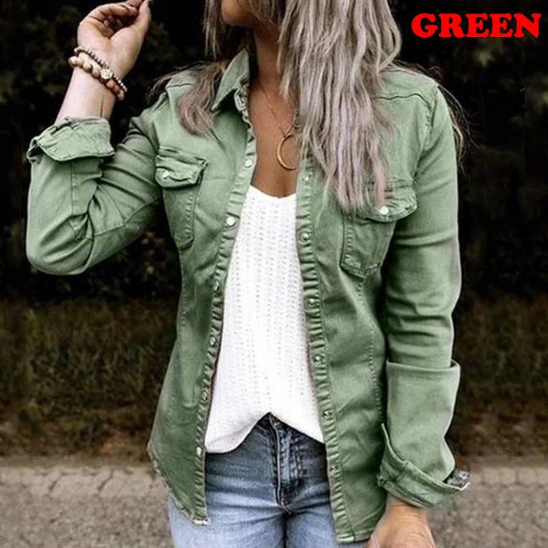 Autumn Women's Denim Jacket Slim Tooling Button Pocket Lapel Jacket Long Sleeve Jeans Jacket