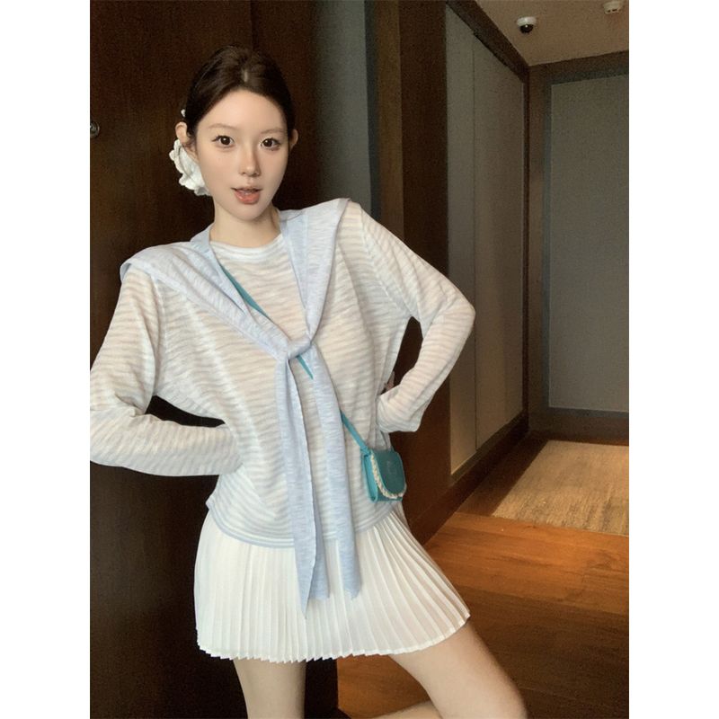 Kumikumi Idle Style Stripes Shawl Thin Long Sleeves T-shirt Female Autumn New All-Matching Slimming Sun Protection Top