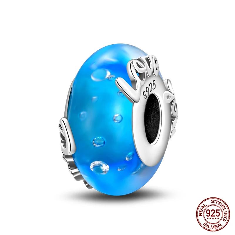 925 Sterling Silver Blue Ocean Flower Feather Luminous Glass Charms Fashion Beads Fit Brand 3mm Original Bracelets DIY Jewelry