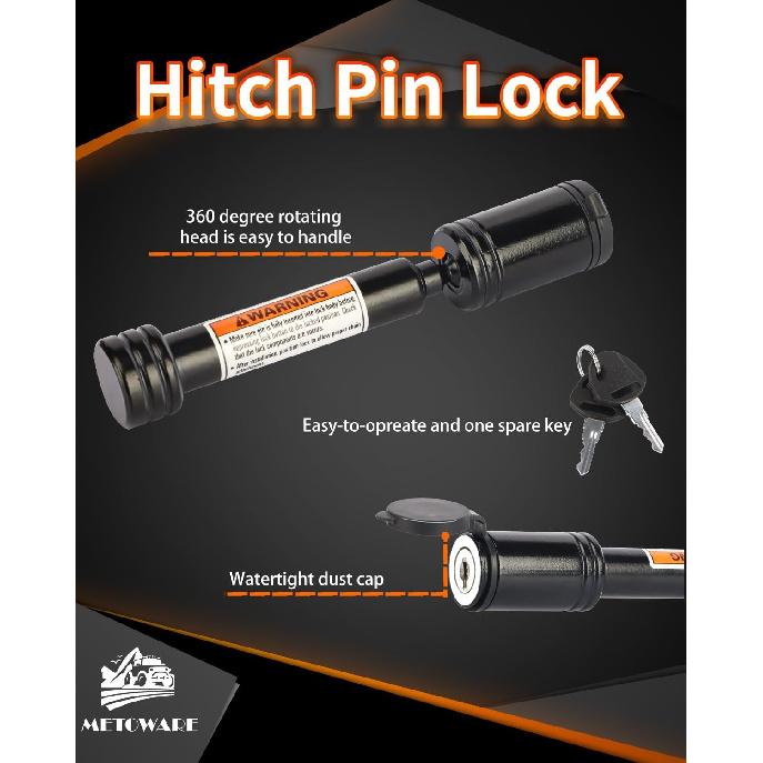 METOWARE Trailer Hitch Lock - 5/8" Dia Locking Hitch Pin, Anti-Theft Trailer Receiver Lock, Fits 2" Receiver Tubes, Class III & IV Hitch Receivers,