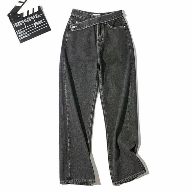 

Women High Waist Casual Straight Denim Jeans Harajuku Boyfriend Style Loose Bottom Pants Fall Winter L сірий колір