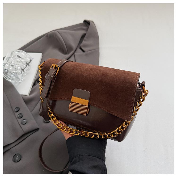 Vintage PU Splicing Faux Suede Crossbody Bags 2026 Women's Autumn Classic Fashiable Chains Shoulder Bags Lady Square Handbags