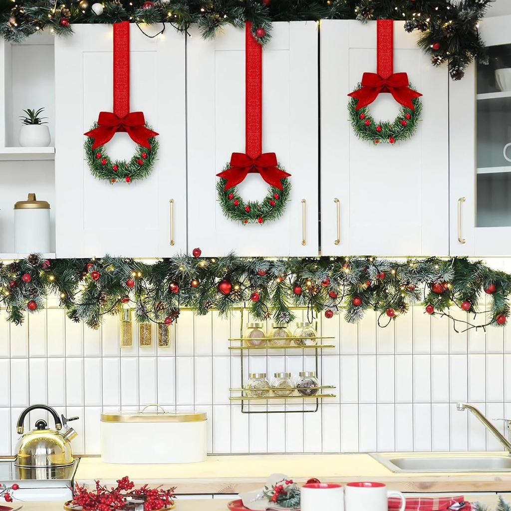 6Pcs/set Mini Christmas Cabinet Wreath with Ribbons Faux Berries and Bows Holiday Artificial Wreath Front Door Sign