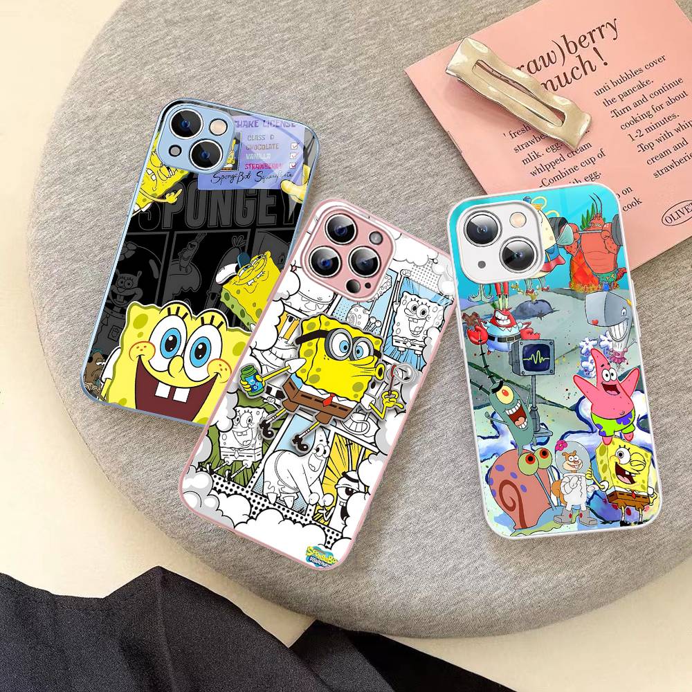 Cartoon Niedlich S-SpongeBob Anime Gehärtetes Glas Für Iphone 14 13 12 11 Pro Mini XS MAX 14Plus X XS XR Hüllen