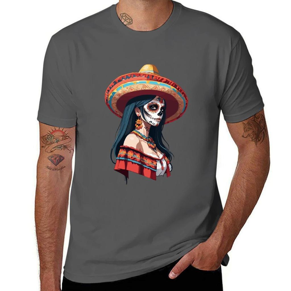 Iconic Sugar Skull Mexican Girl TShirt Independence Day Short Sleeve TShirt