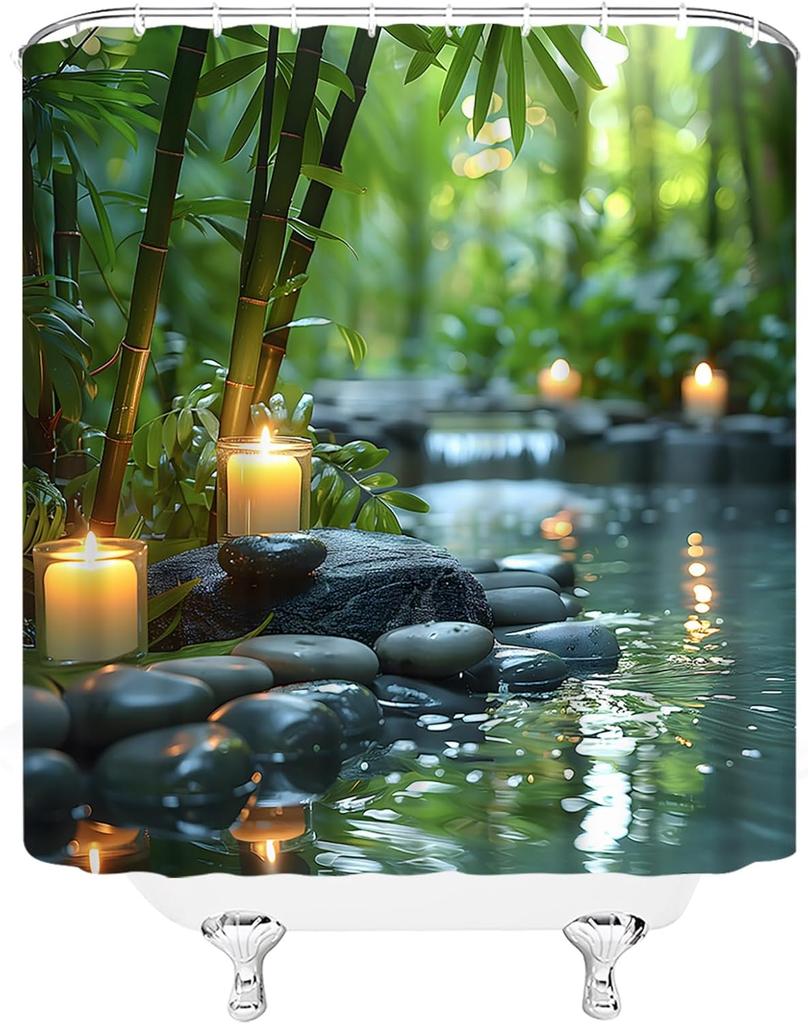 Zen Spa Shower Curtain, Bamboo Stone Water Reflection, Calming Nature Decor Set With Hooks