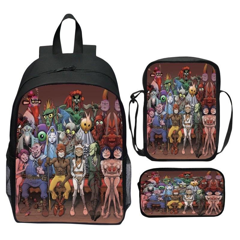 Gorillaz UK Virtual Band Printed Cartoon Backpack 3-Piece Set School Bag Lightweight Large Capacity