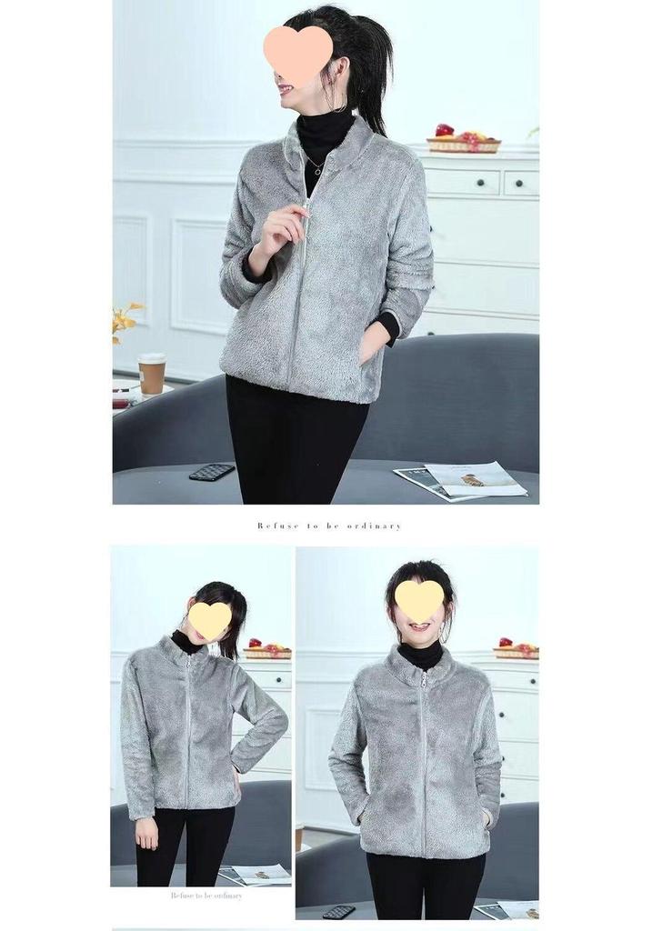 Women's Double-Sided Plush Fleece Cardigan Jacket with Stand Collar and Soft Shell for Warmth