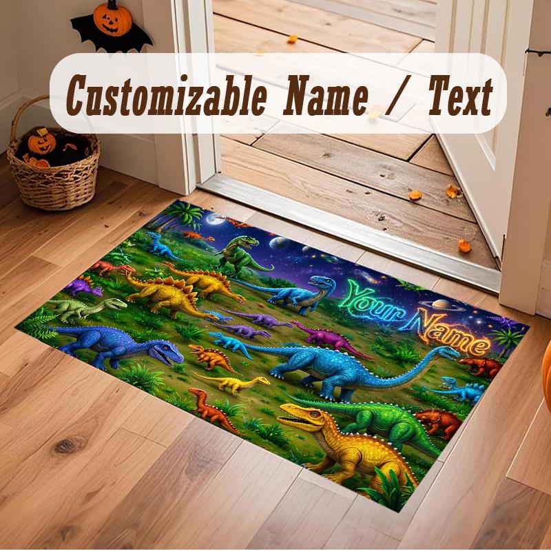 Dinosaur Theme Soft Crystal Velvet Rug Custom Name & Text Print Non Slip Floor Rug for Bedroom Living Room