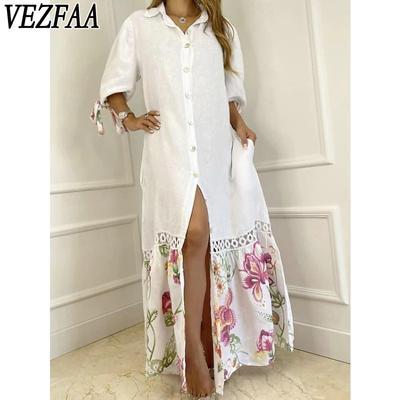 Robes décontractées à imprimé floral pour femmes, mode printemps-automne, manches 3/4, col polo, taille ample