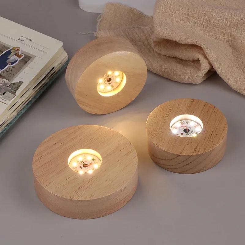 8cm Round Wooden LED Light Dispaly Base Stand Holder able Night Lamp Base Crystal Glass Resin Art Ornaments